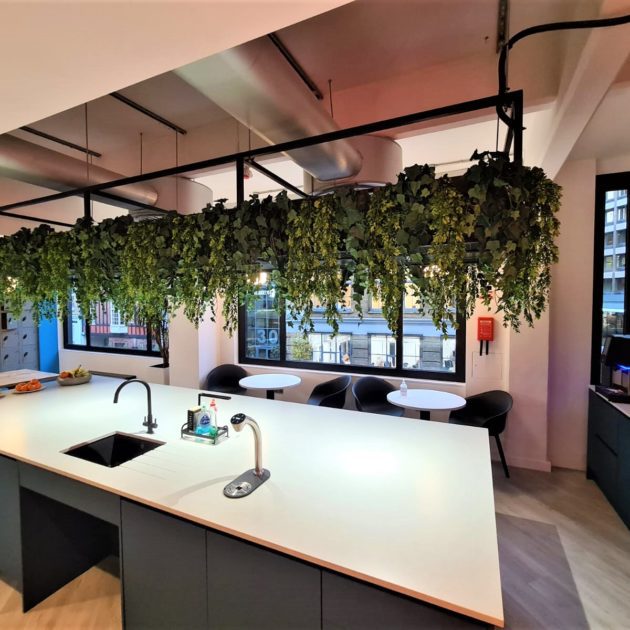 A hanging ceiling display comprised of artificial hanging foliage.