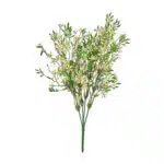 A sprig of delicate artificial flowers with small white blossoms and green leaves, arranged on thin, branching stems.
