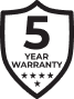 A black outlined shield icon displaying the text 5 Year Warranty with five stars below it.