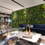 A modern living room with a blue sofa, gray chair, and wooden coffee table graced with vases and magazines. A vibrant green vertical garden wall enhances the cozy ambiance from ceiling lights, while the Soft Lavender Colour Box adds an elegant touch.