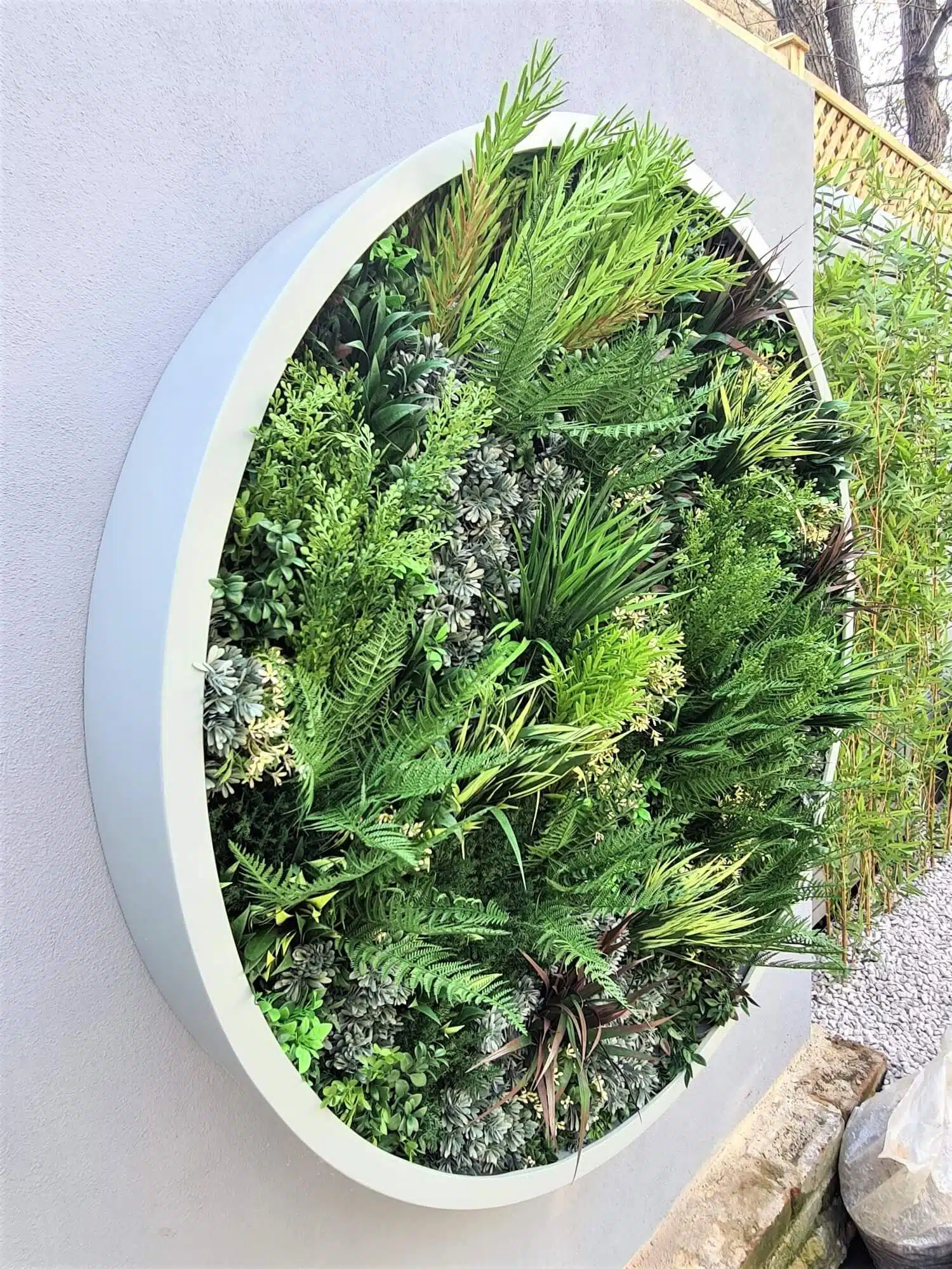A circular wall-mounted planter filled with a lush variety of green plants and foliage. The planter is attached to a light gray wall, adding a touch of nature to the modern, minimalist setting.