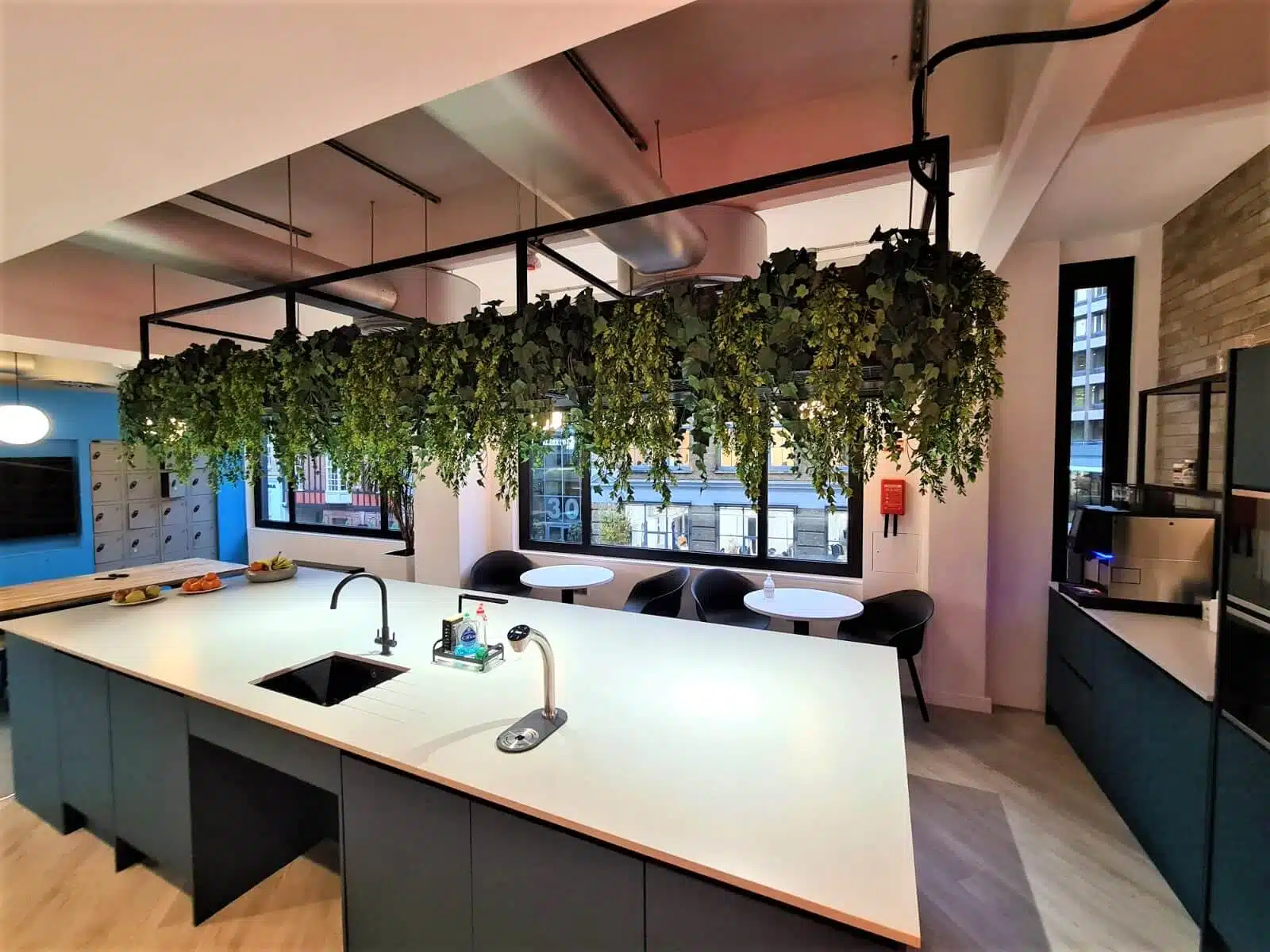 Modern kitchen with a large white island featuring a built-in sink and faucet. Hanging above are lush green plants. In the background, there are round tables with black chairs and large windows allowing natural light.