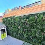 A garden wall blooms with vibrant plants and spring flowers beside a playhouse; its grey roof contrasts with a bright door. In the background, a brick building and terracotta fence add charm to this serene spot, accentuated by the Spring Pink Colour Box touch.