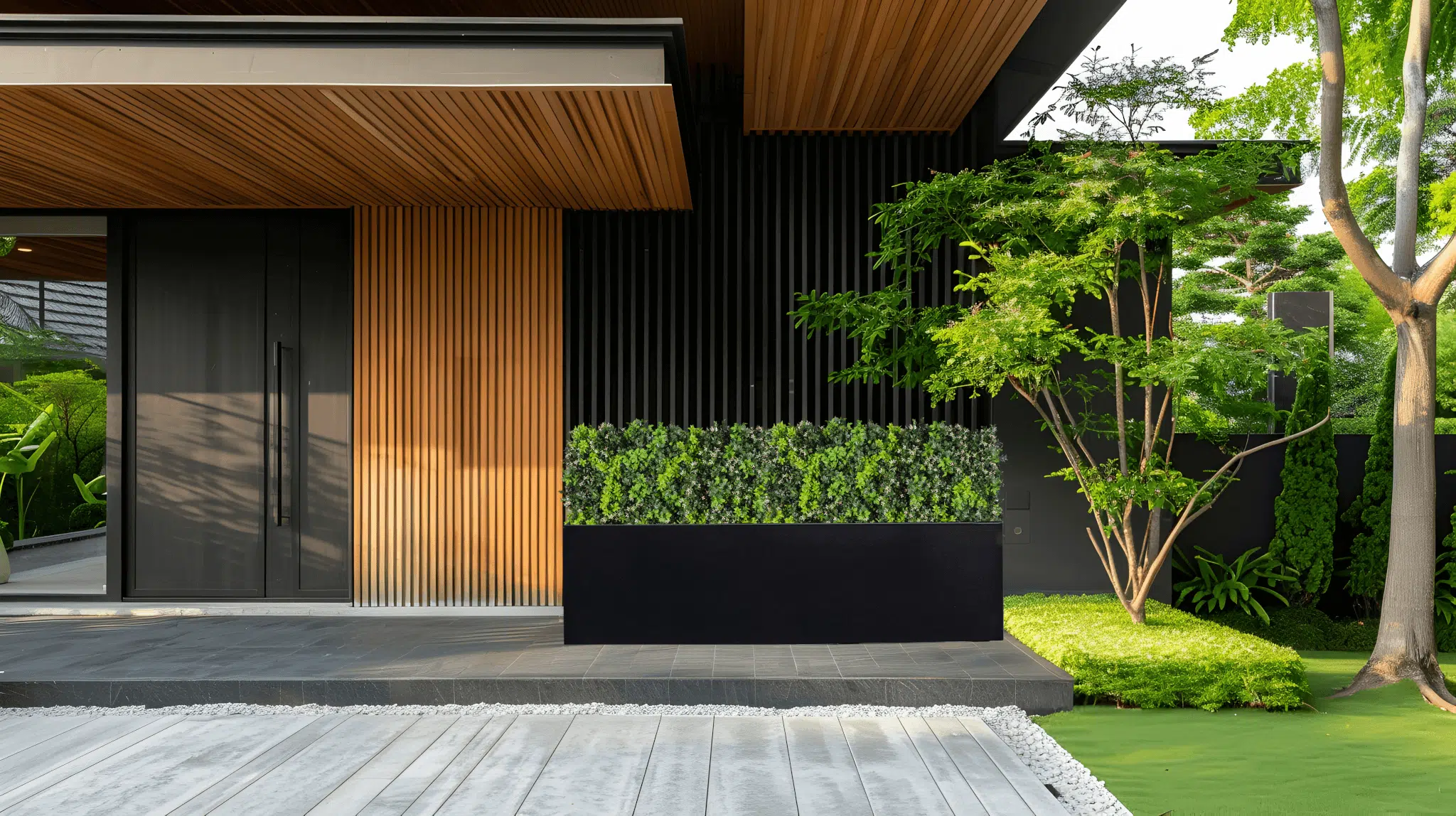 A modern building exterior with a black and wood facade exudes luxury. A rectangular planter filled with vibrant shrubs adorns the front, while a large tree, the Luxury Flowering Hedge, and greenery lie right of sleek black doors under a wooden entrance overhang.