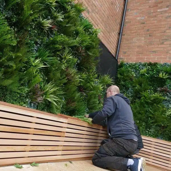 A person wearing a dark hoodie and gloves is carefully tending to an architectural green wall design in Devon. Kneeling on a wooden bench in this UK outdoor setting, they nurture the vibrant plants against the backdrop of a classic brick wall.
