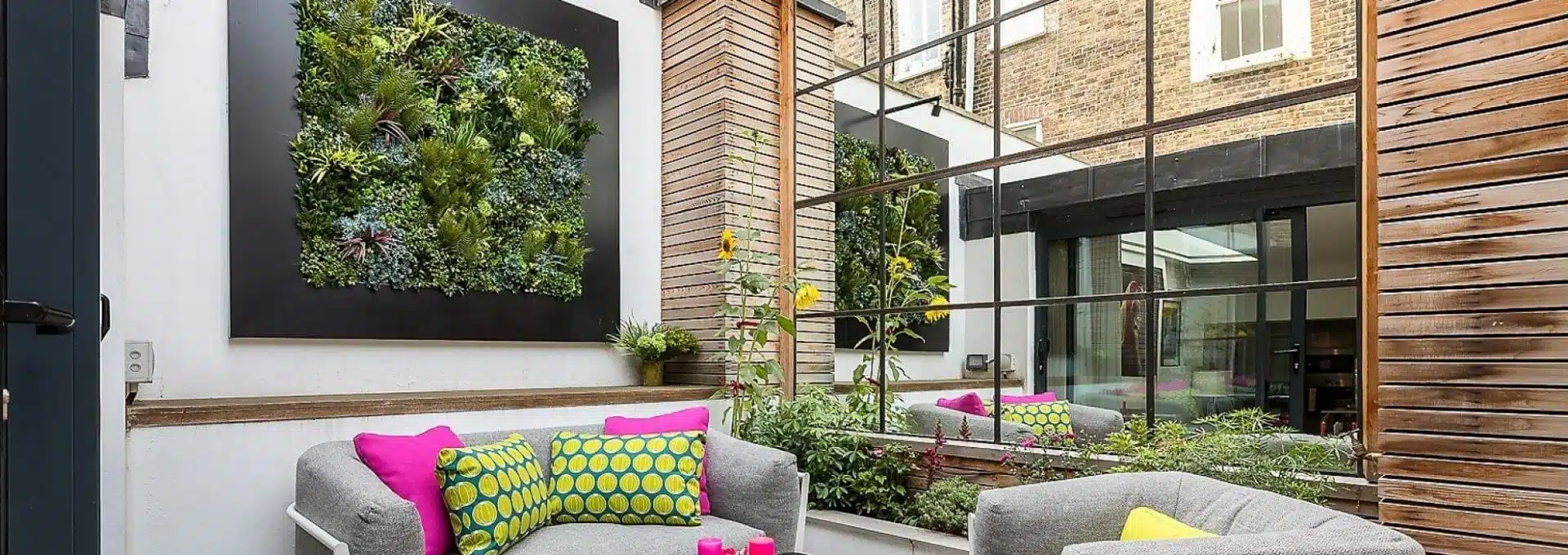 A cozy patio features gray cushioned chairs with vibrant pink and green pillows. One wall boasts an artificial indoor vertical garden, while the other showcases large mirror panels. Wooden slats and a small plant-filled planter add natural elements to the space.