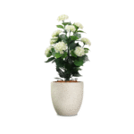 a natural-looking white artificial hydrangea plant in a pot
