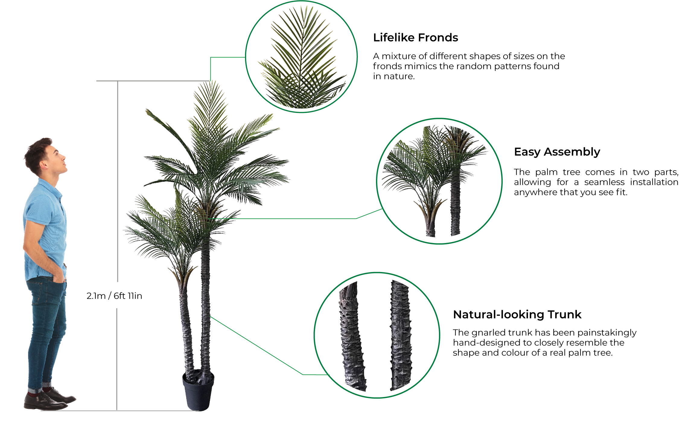 An infographic about the Vistafolia artificial palm tree