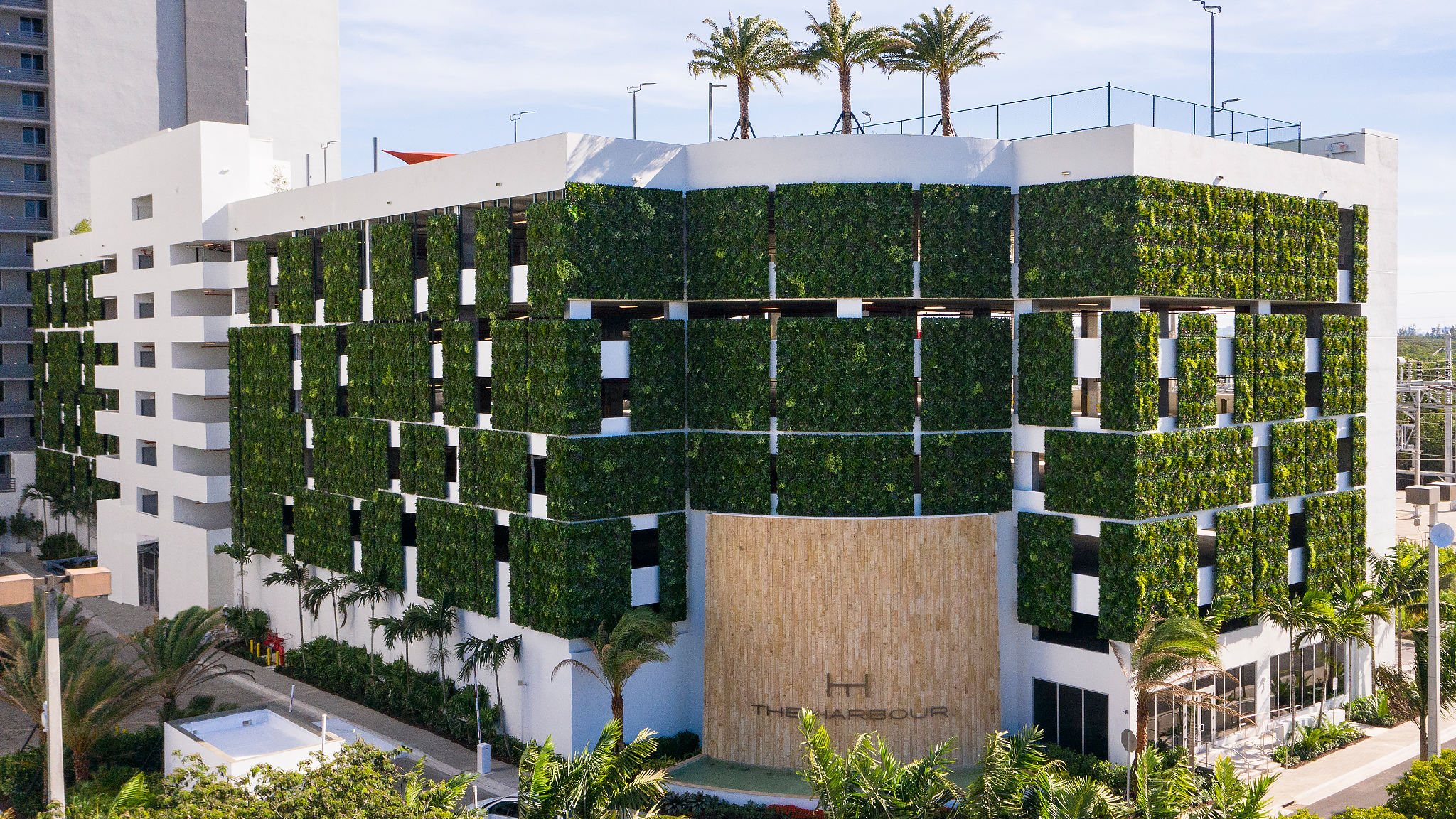 A large commercial artificial green wall on the side of a building in Miami Florida